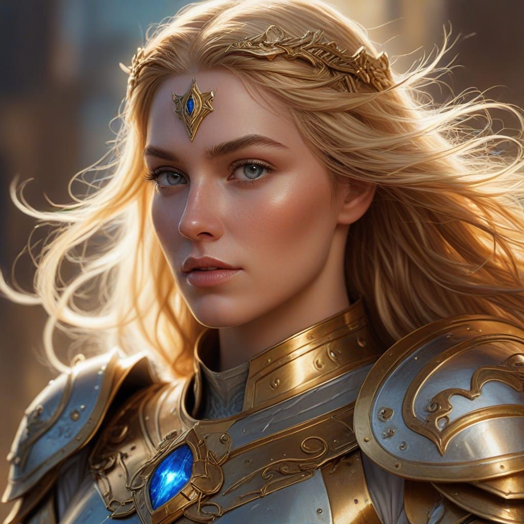 Regal Female Paladin in Golden Armor, Soft Golden Light