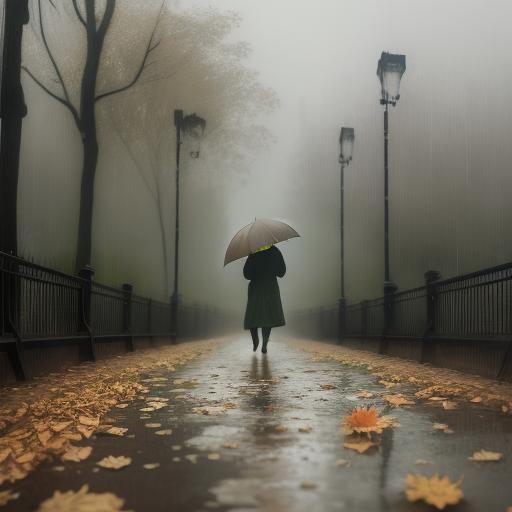 Impressionist Painting of Fallen Leaves on Rainy Day