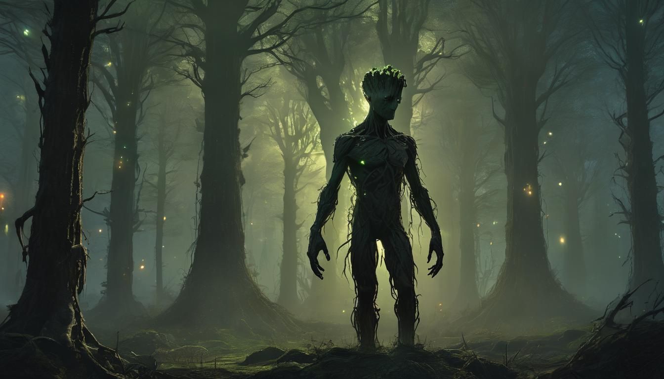 Groot Amidst a Surreal Forest in Biopunk Style