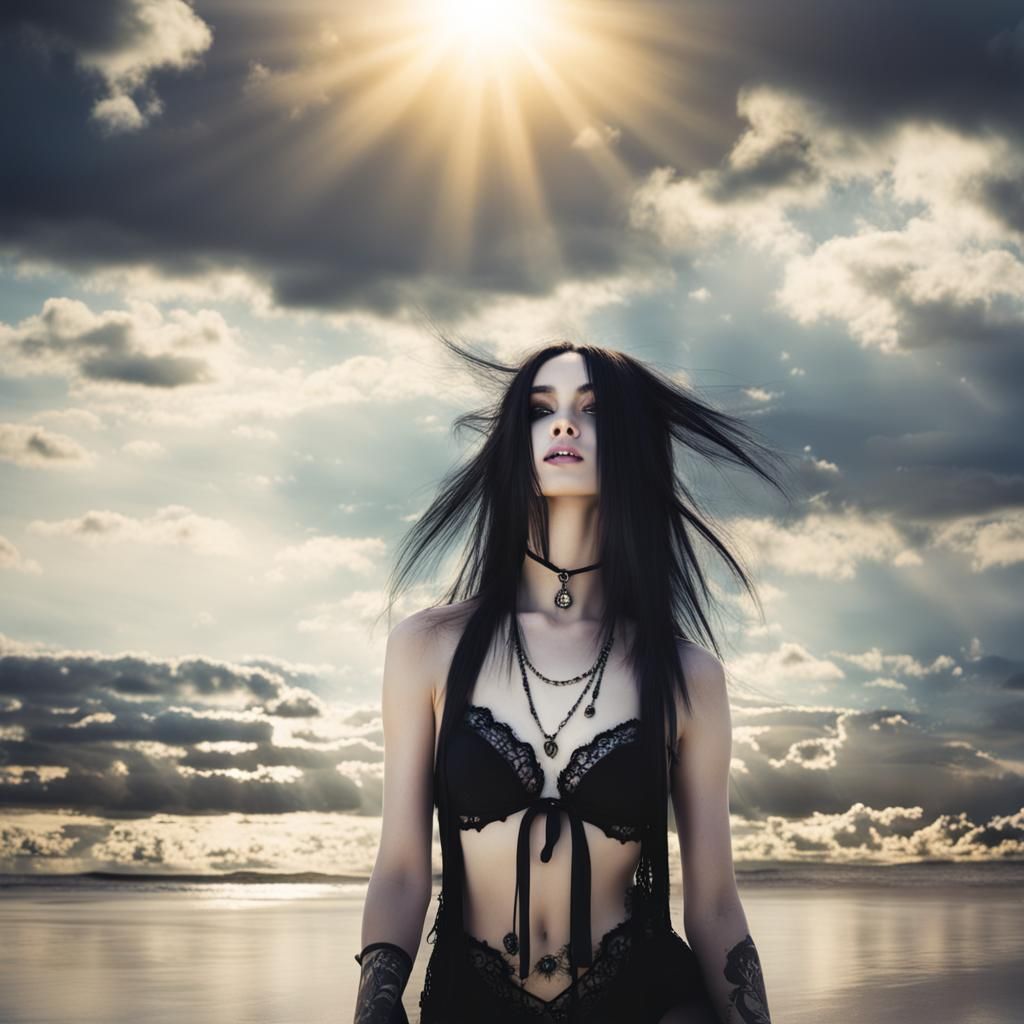 Goth Girl in Bikini: Divine Beach Scene