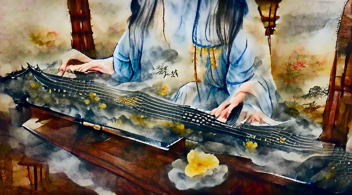 Heavenly Guqin in Chinese Ink Wash Style