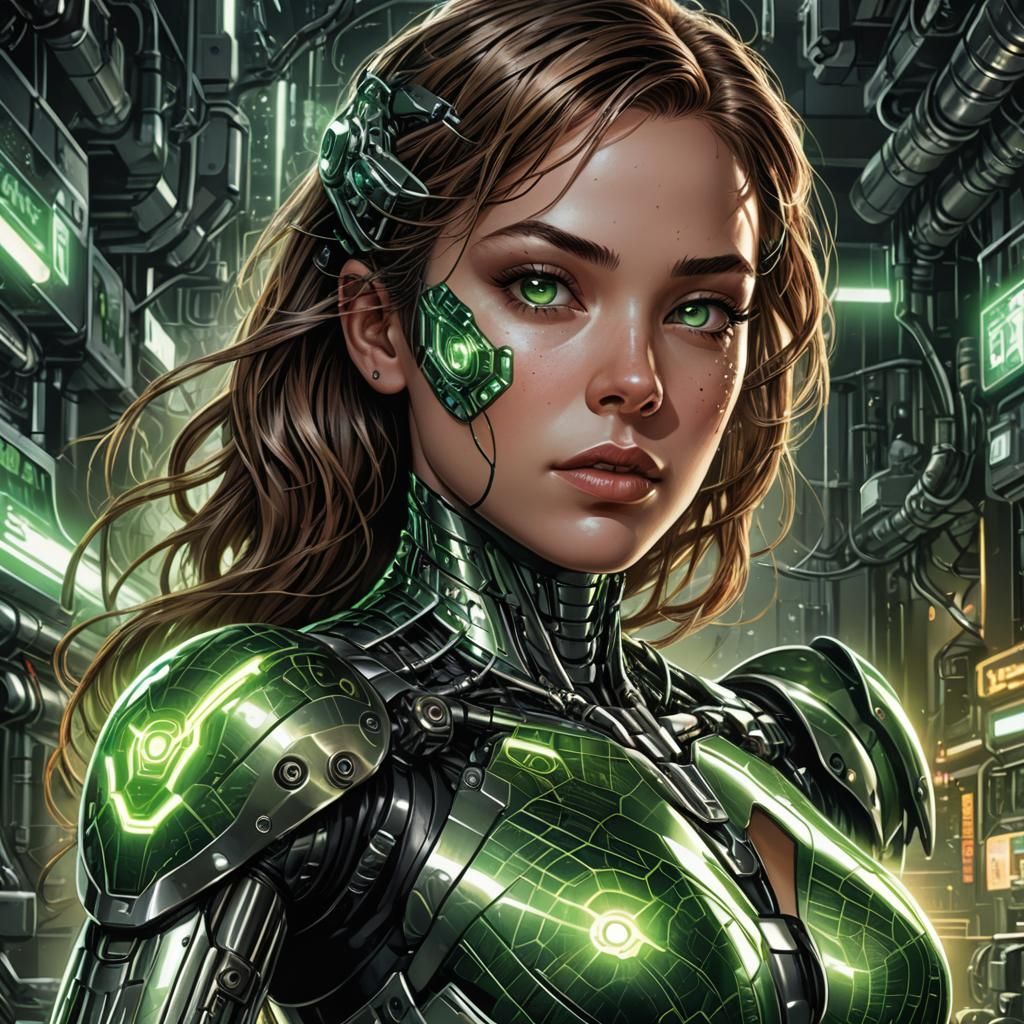 Female Cyborg Portrait in Comic Book Style