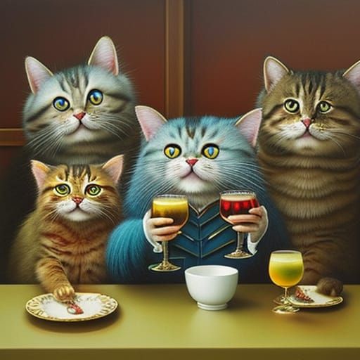 Fluffy cats drinking wine
