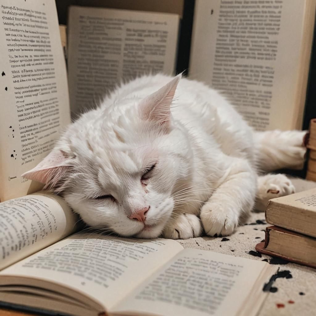 White Cat Napping in Cozy Book Nook
