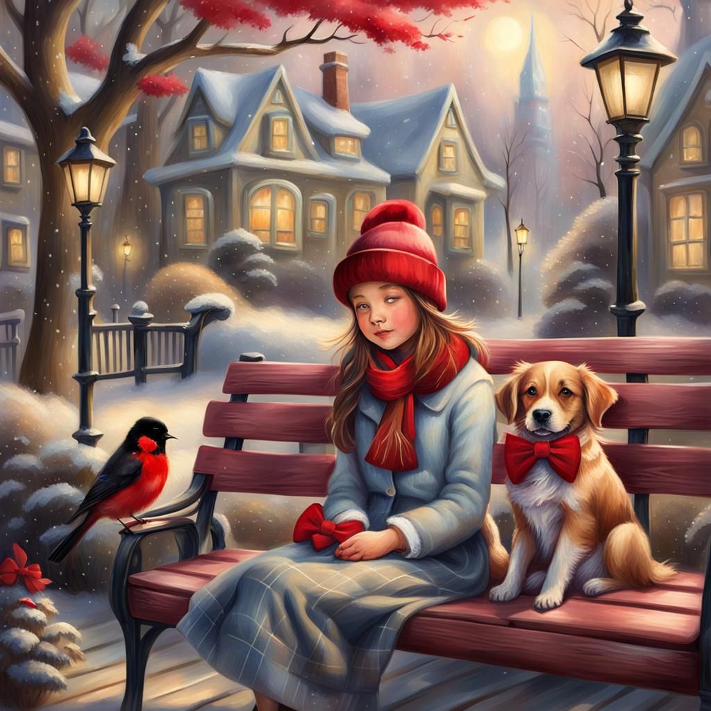 Girl with Dog in Whimsical Fantasy Illustration