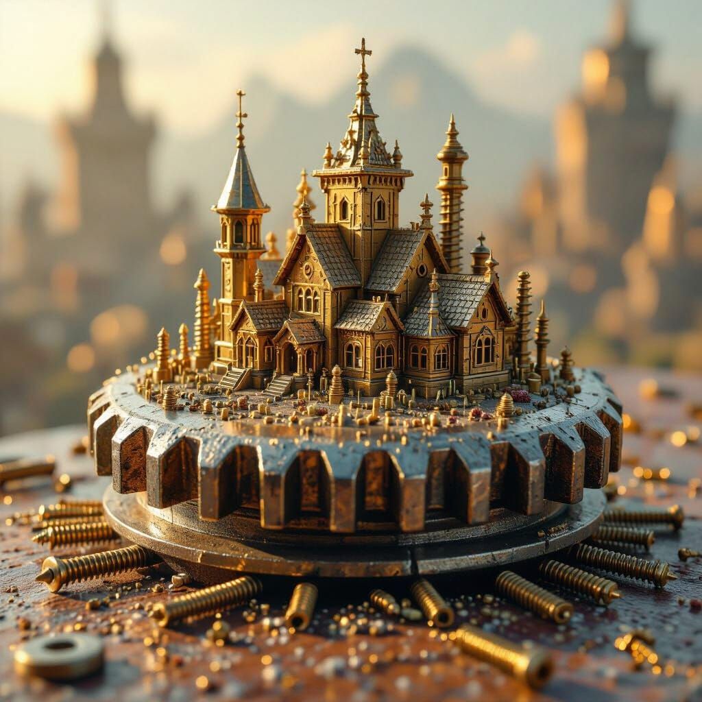 Miniature Village Crafted from Screws and Nails