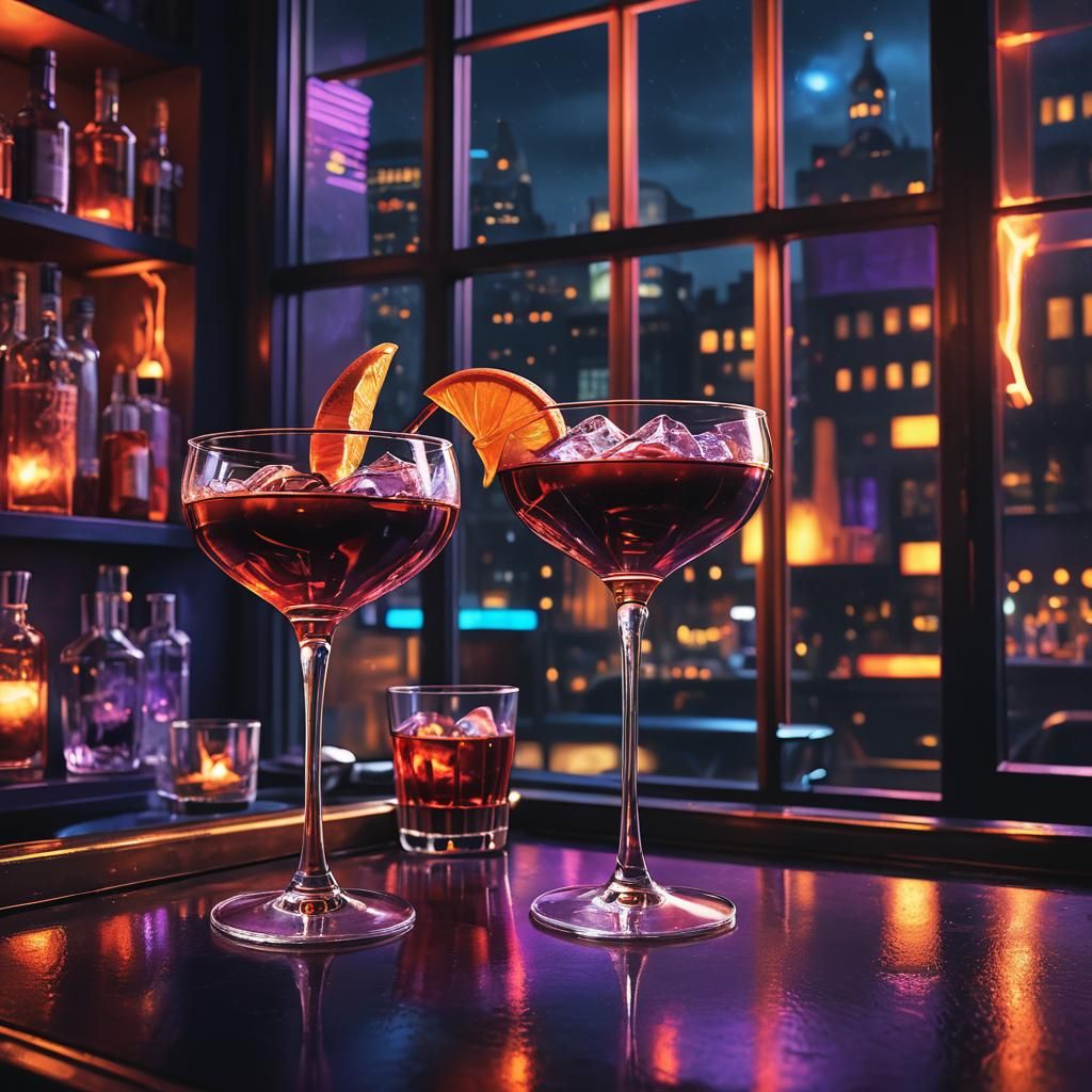 Negroni Cocktails at Night: Fantastical Concept Art