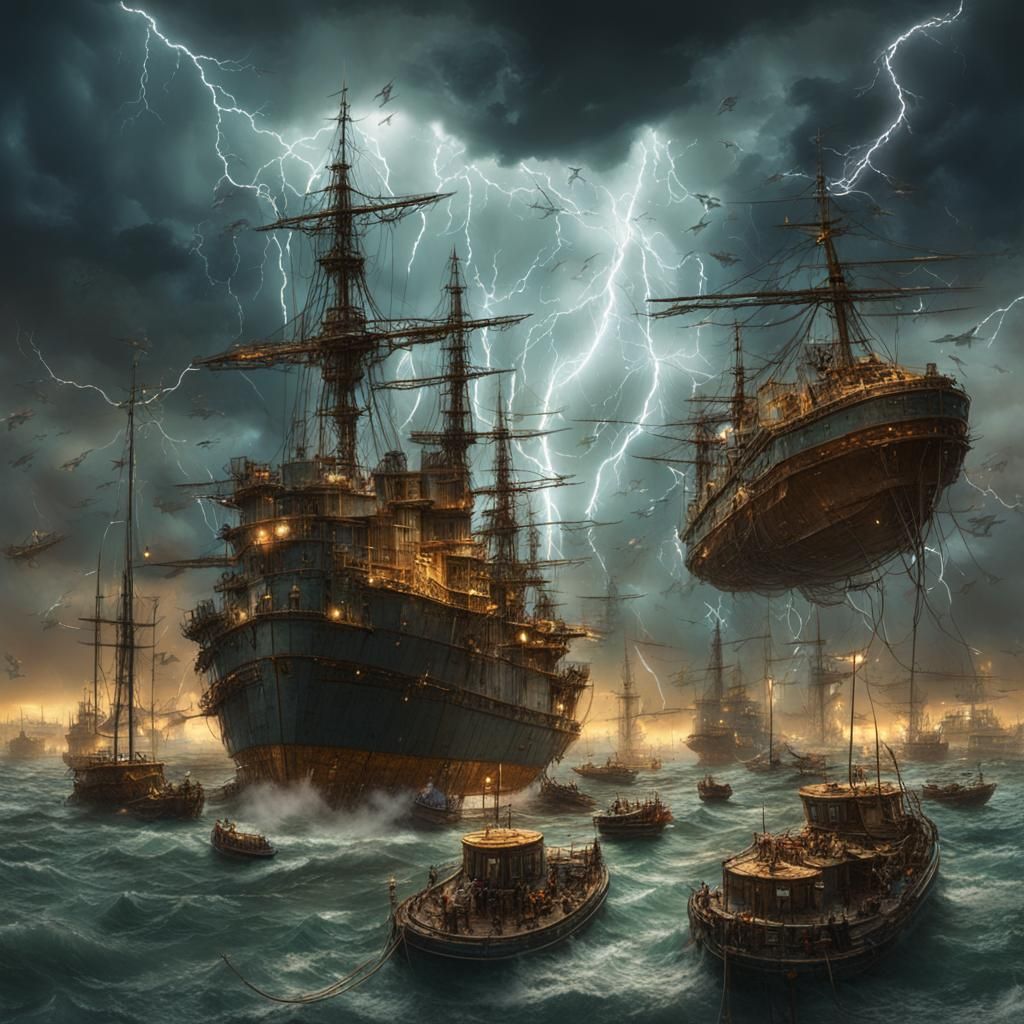 Tempestuous Port Landscape with Flying Ships