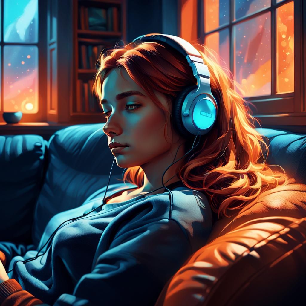 Thoughtful Girl in Headphones: Warm Fantasy Art
