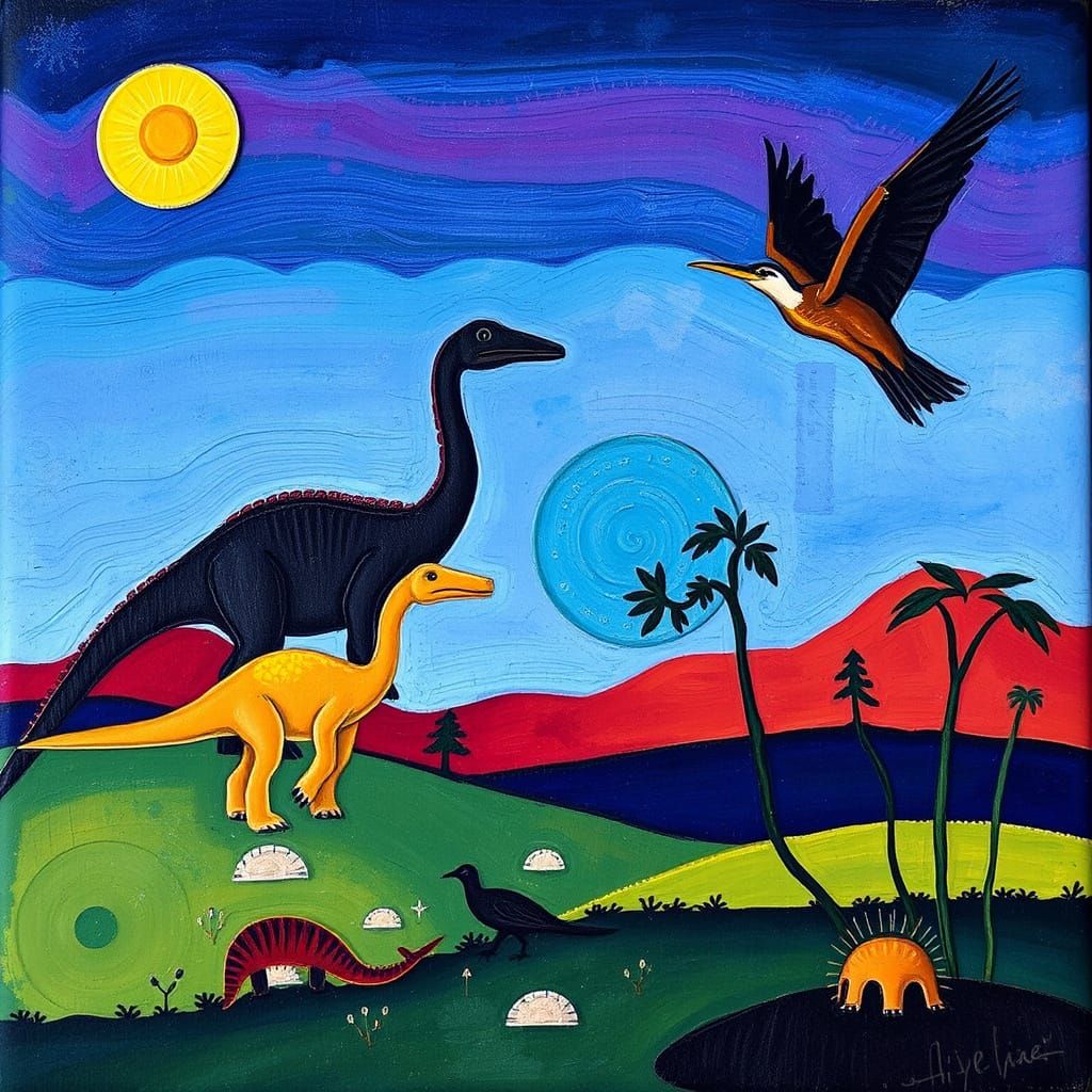 Dinosaurs and Pterosaurs in an Impasto Style
