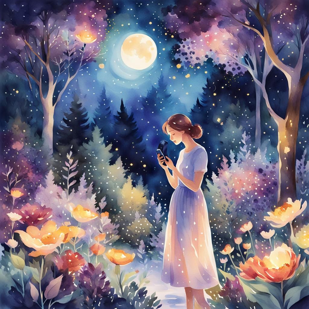 Moonlit Mum in Watercolor Garden Talking on Phone