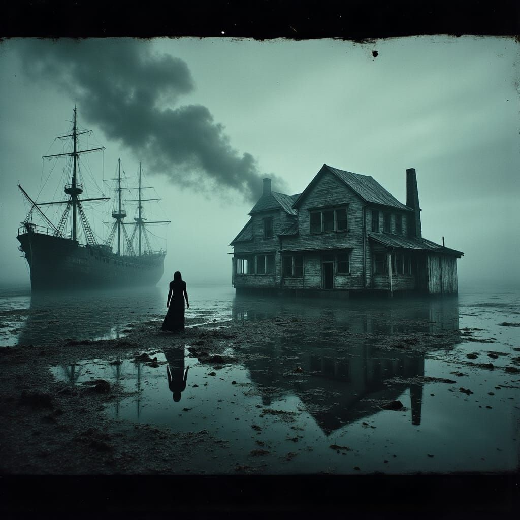 Eerie Abandoned House on Waterfront with Derelict Ships