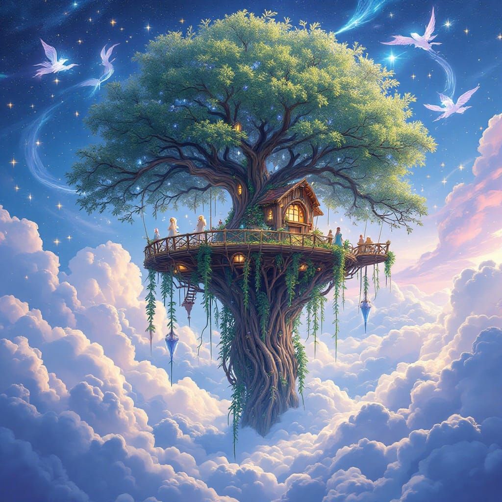 Whimsical Treehouse Soars Above the Clouds in a Dreamlike, E...