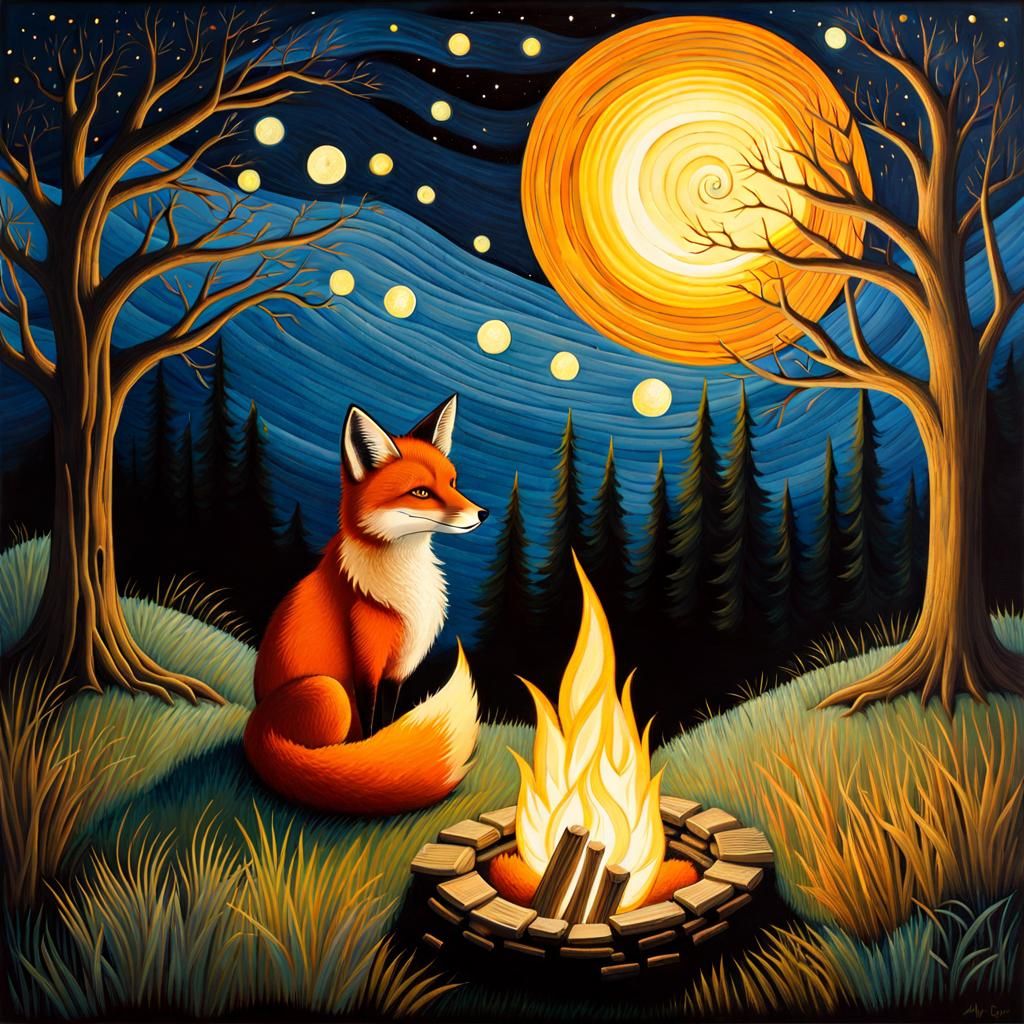 Campfire Companions: Fox, Cat, and Woman in Mixed Media