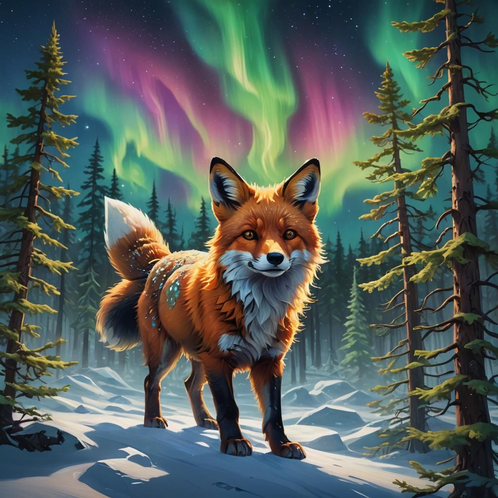 Arctic Fox Aurora: A Surreal Oil Painting