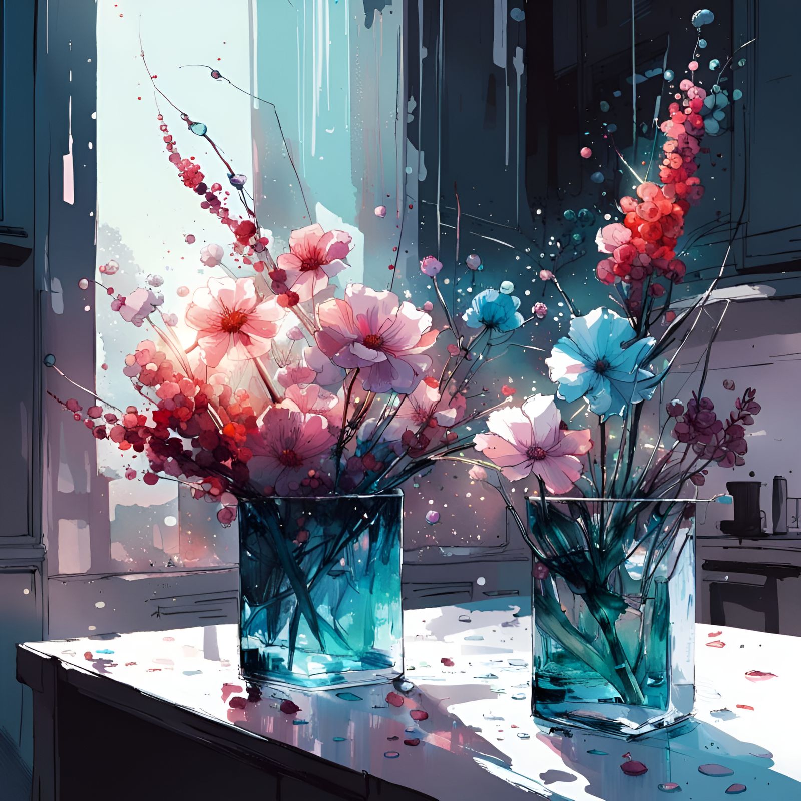 Hyperdetailed Glass Flowers in Watercolor Style