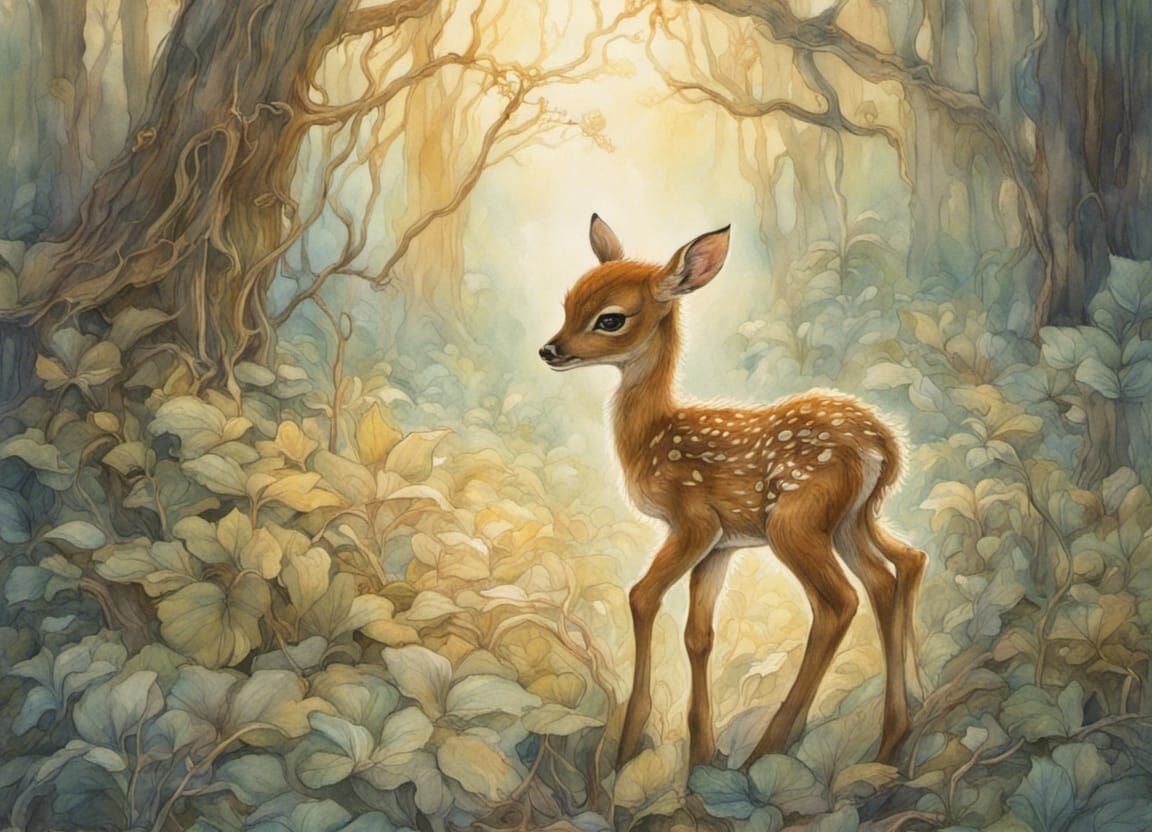 Fawn's First Steps: A Romantic Watercolor Painting