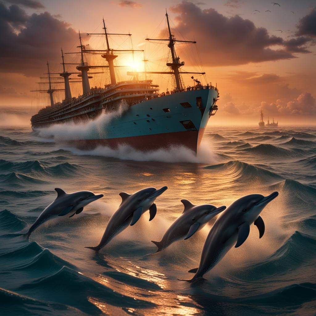 Dolphins Racing Ship at Sunset: Fantasy Concept Art