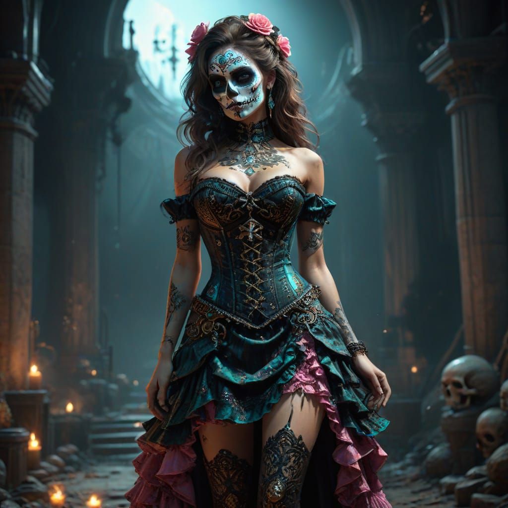 Ethereal Sugar Skull Goddess in Cinematic 3D Game Art