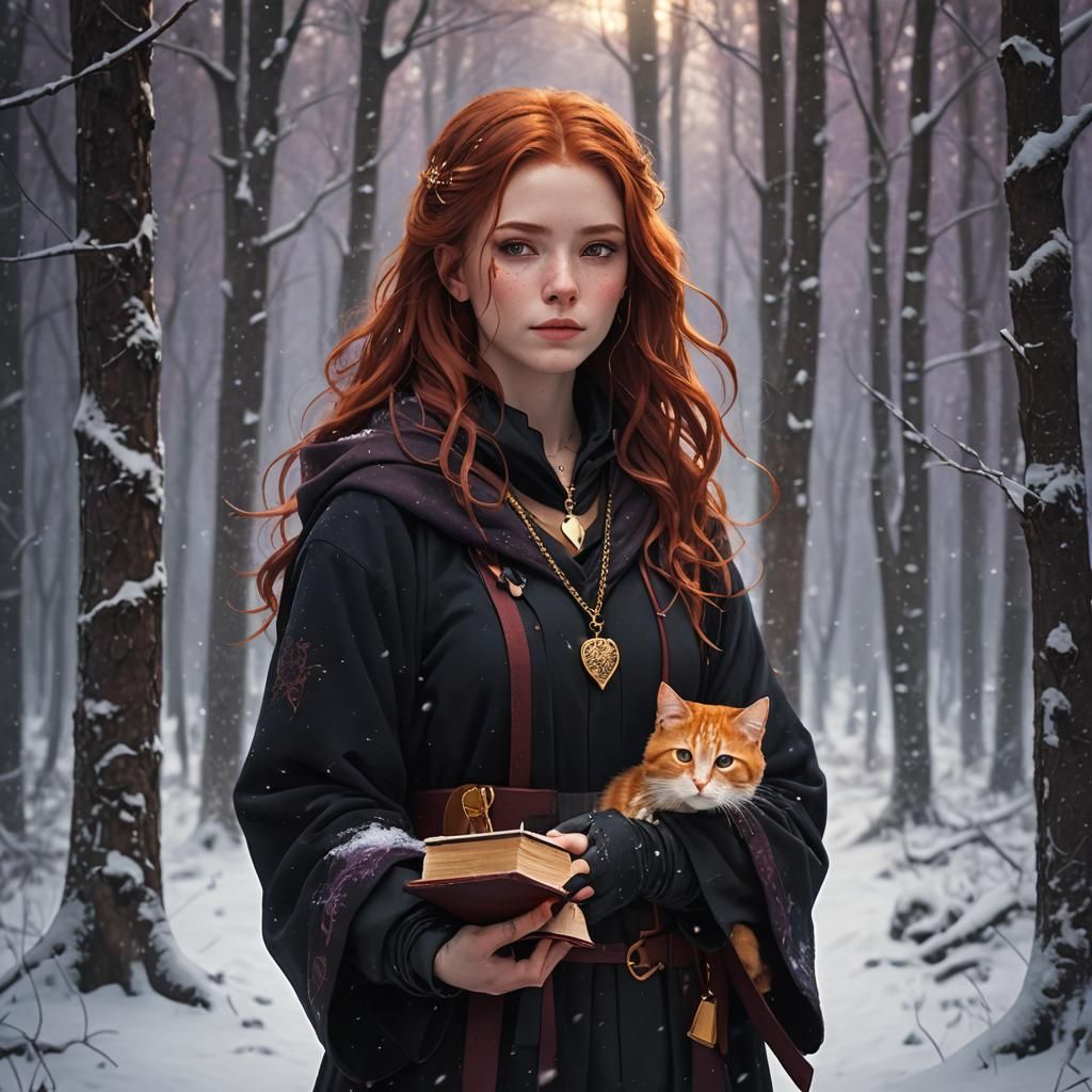 Red-Haired Girl with Cat in Snowy Forest