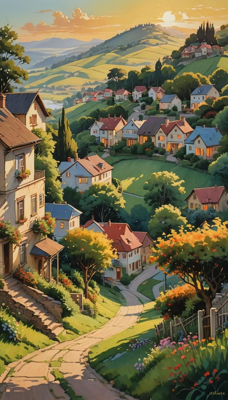 Charming Houses on Hillside Street in Gouache Style