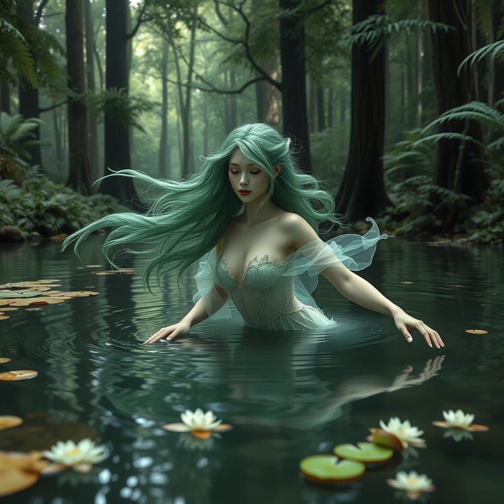 Ethereal Water Nymph Emerging from a Tranquil Forest Pond
