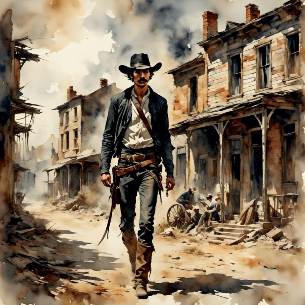 Vintage Cowboy Gunfighter in Antique Watercolor Style