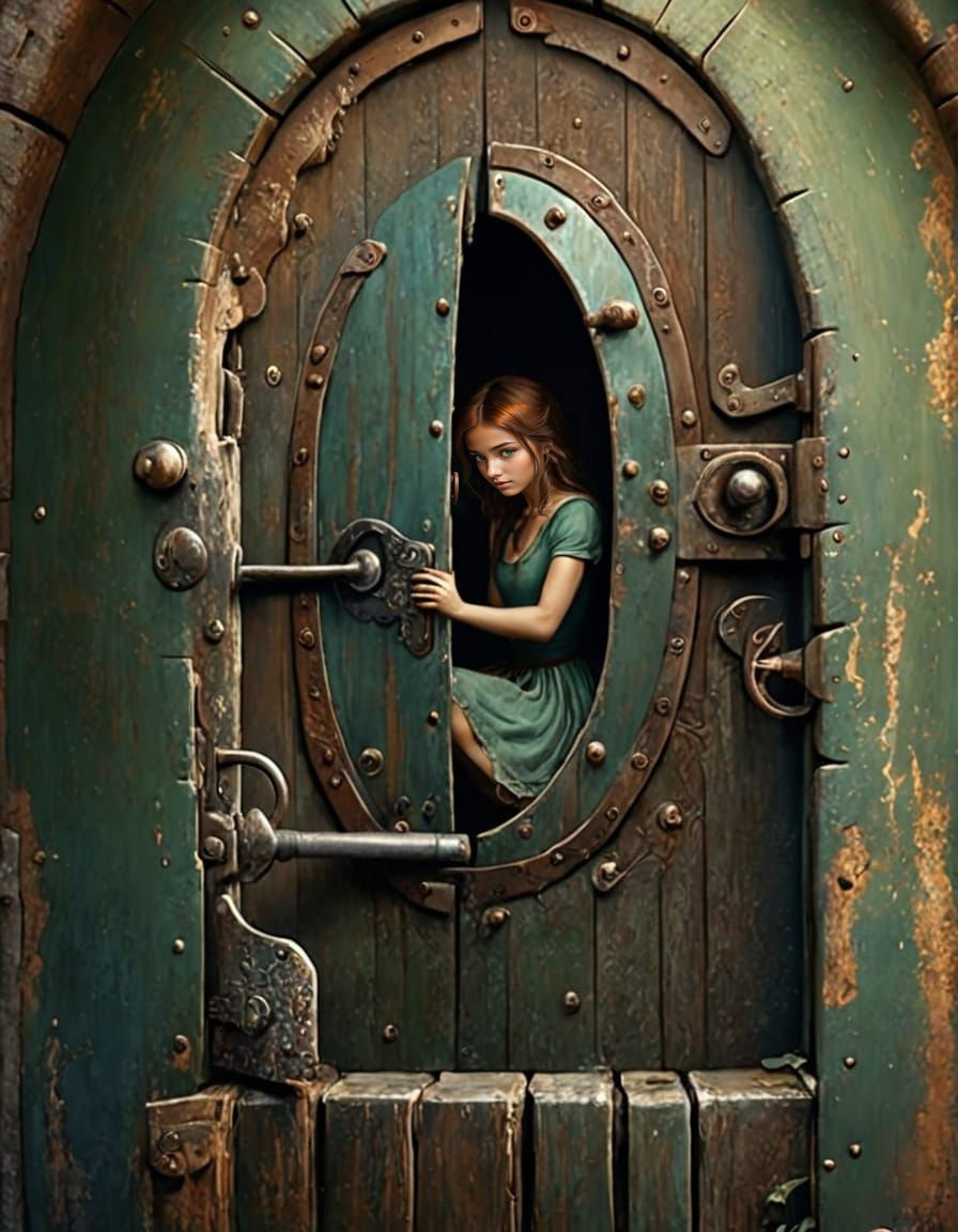 Girl on Barrel in Vibrant Green Dress Through Rusty Doorway