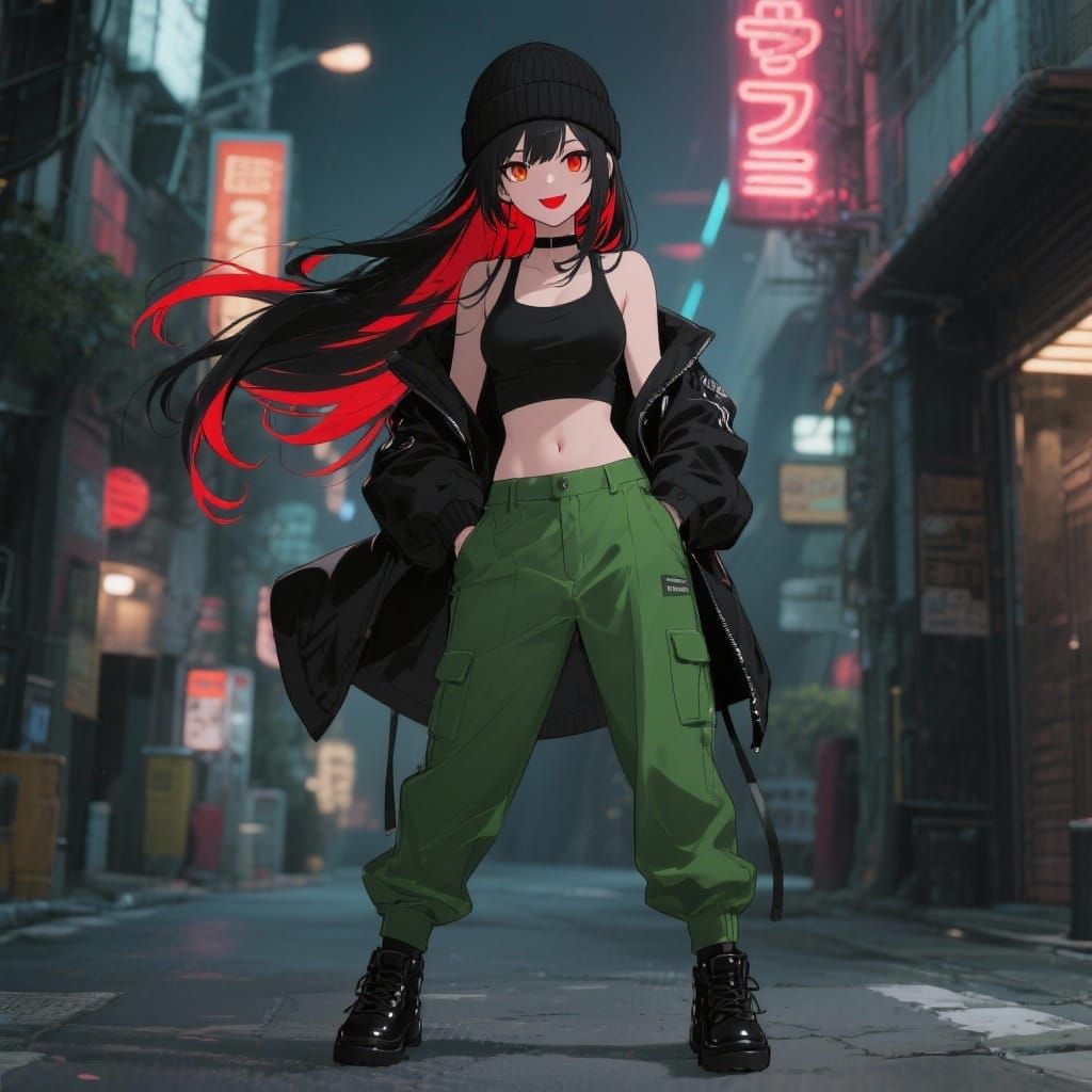 Anime Woman with Red Streaks in Street Style