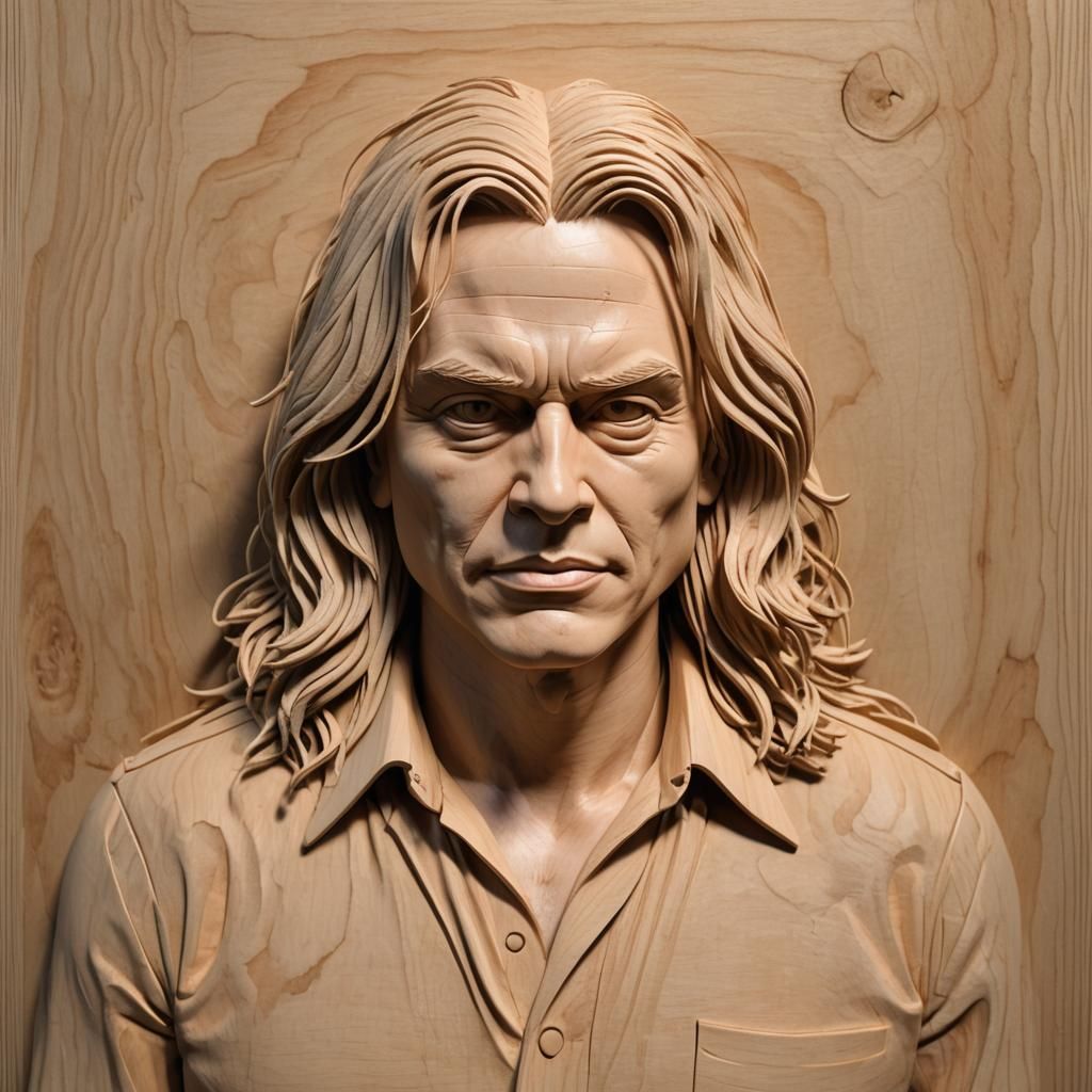 Tommy Wiseau as a Detailed Wood Carving