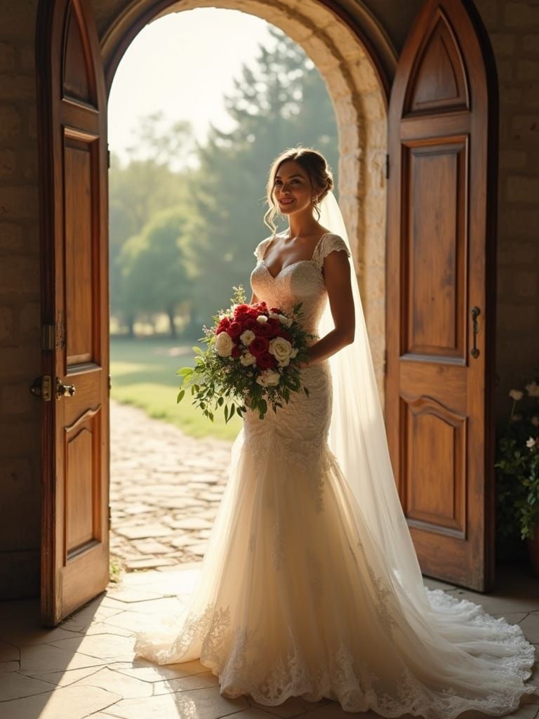 Romantic Bride in Sunlit Church Doorway, Roses in Hand