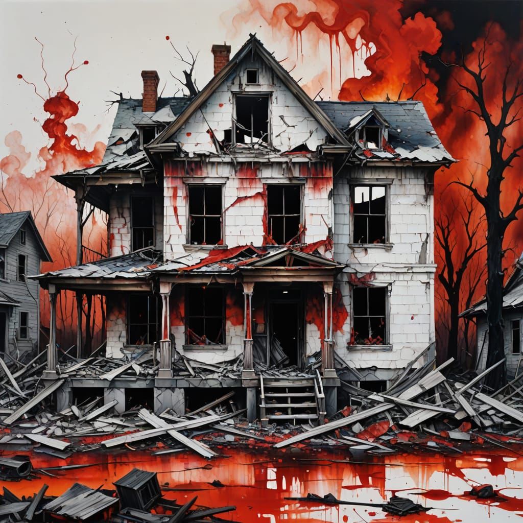 Burnt House Oil Painting with Red Hues