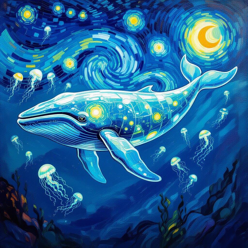 Glass Whale and Jellyfish in Van Gogh Style