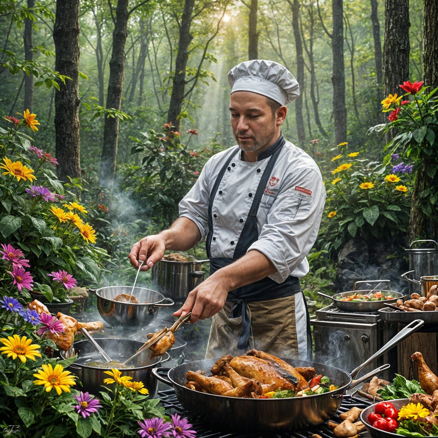 Chef Cooking Chicken in Smoky Mountains Landscape
