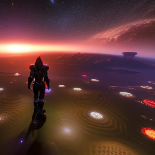 Man in Hexagonal Armor Floating in Cosmos