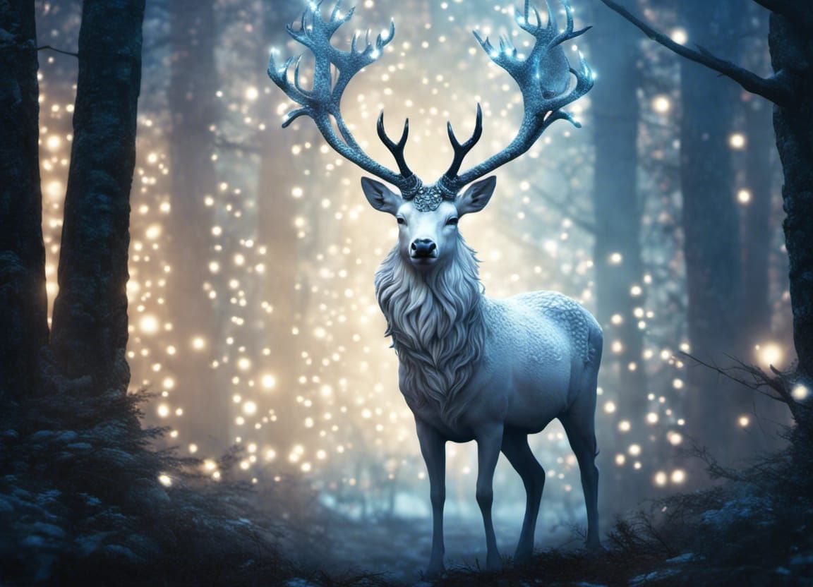Heavenly Silver Stag in Night Forest