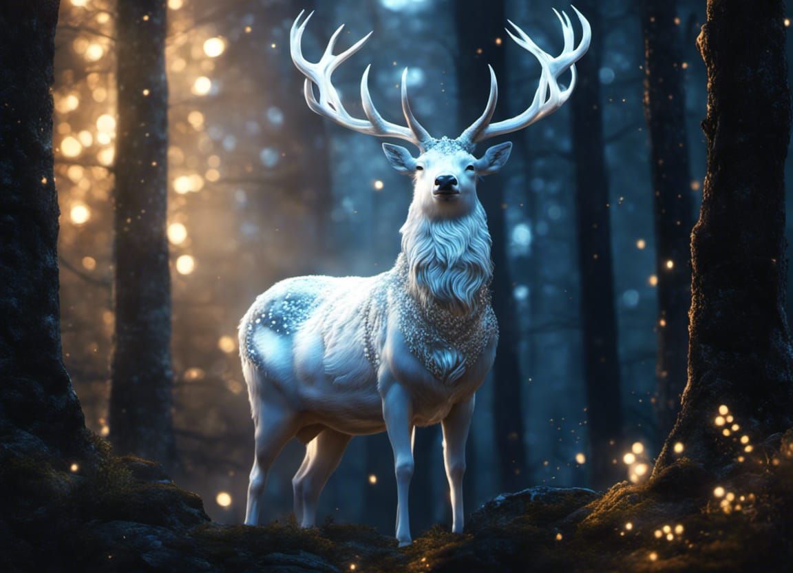Heavenly Silver Stag Portrait in Dark Forest