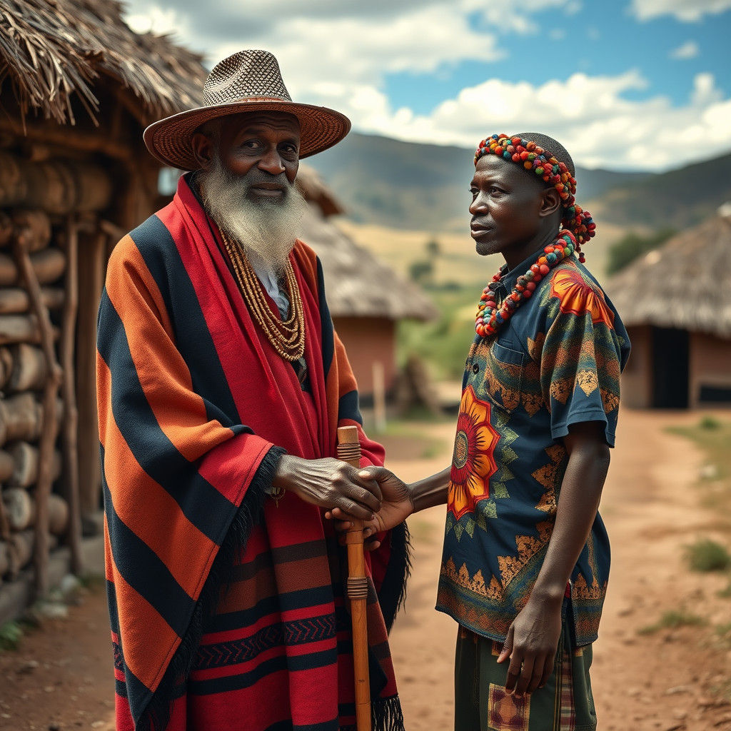 Mosotho Grandfather Passing Walking Stick, Traditional Afric...