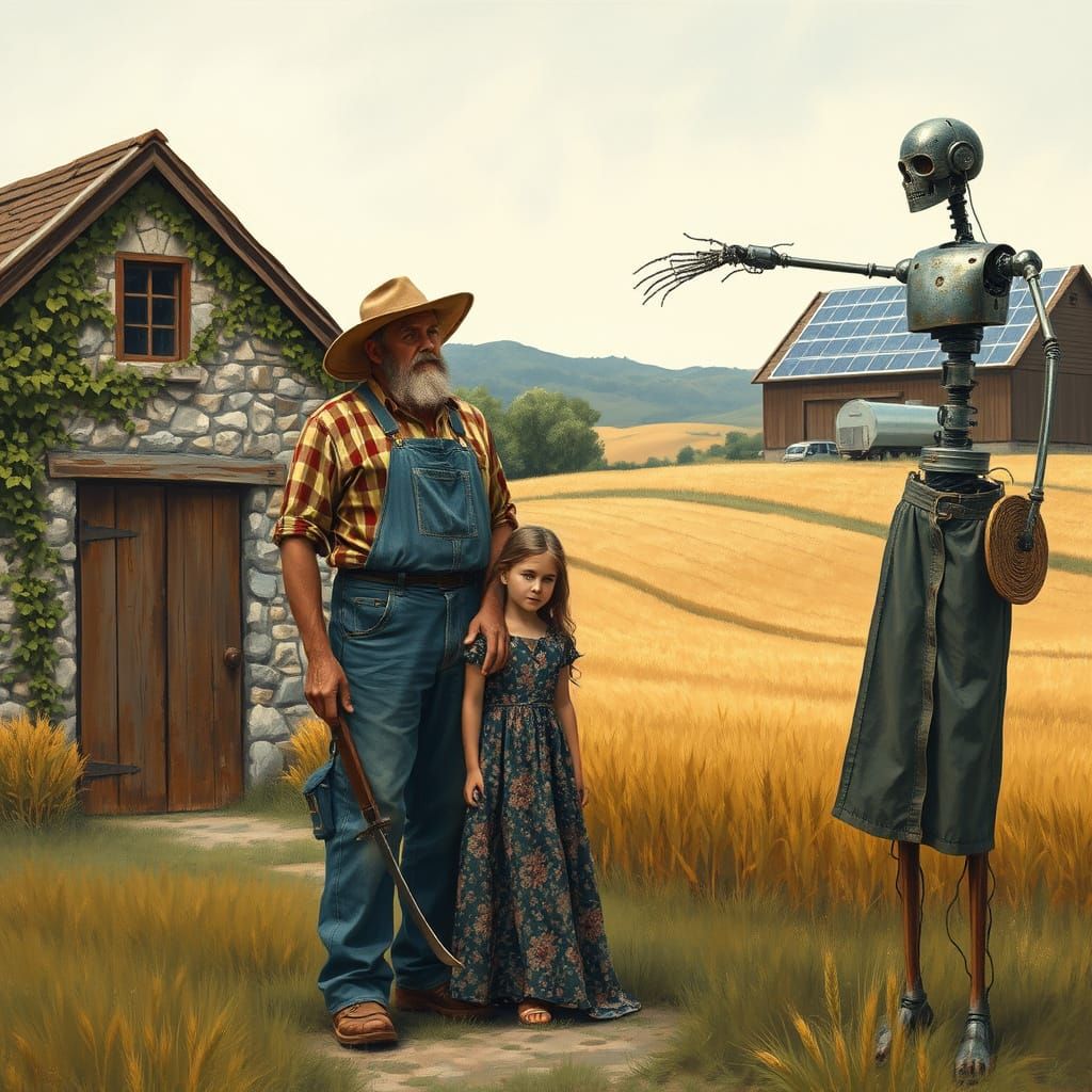 Stoic Farmer and Daughter in Front of Medieval Farmhouse wit...