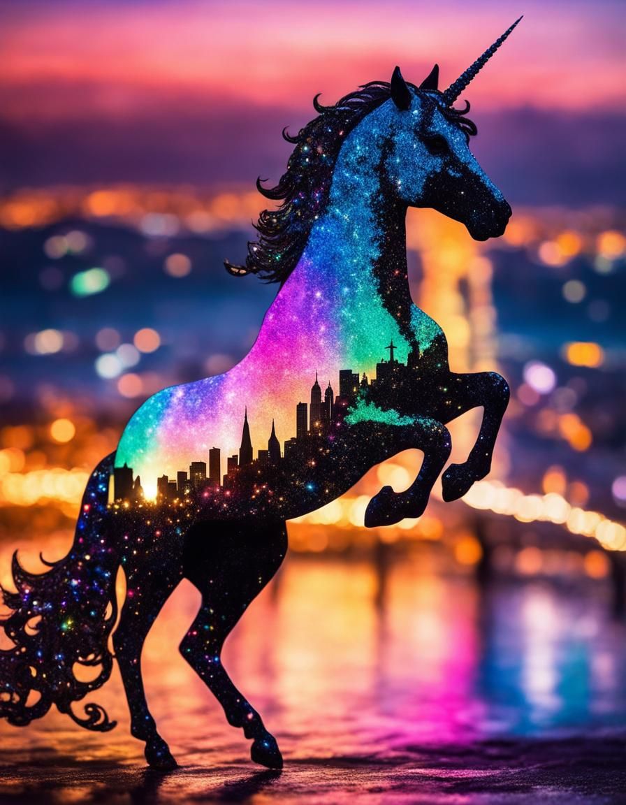 Rainbow Unicorn Silhouette in Cityscape Double Exposure