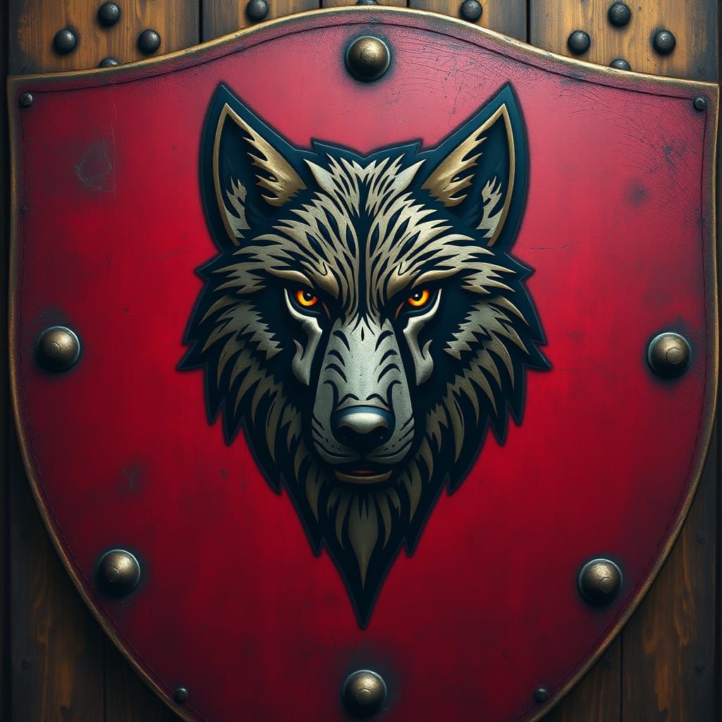 Regal Medieval Shield with Realistic Wolf Emblem in Crimson ...