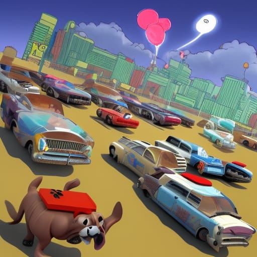Cartoon Dogs Demolition Derby in Comic Book Art