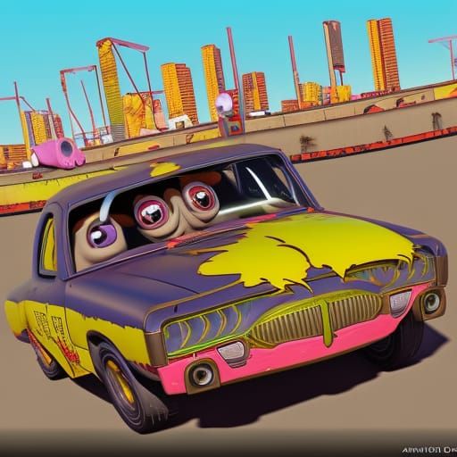 Cartoon Dogs Demolition Derby in Comic Book Style