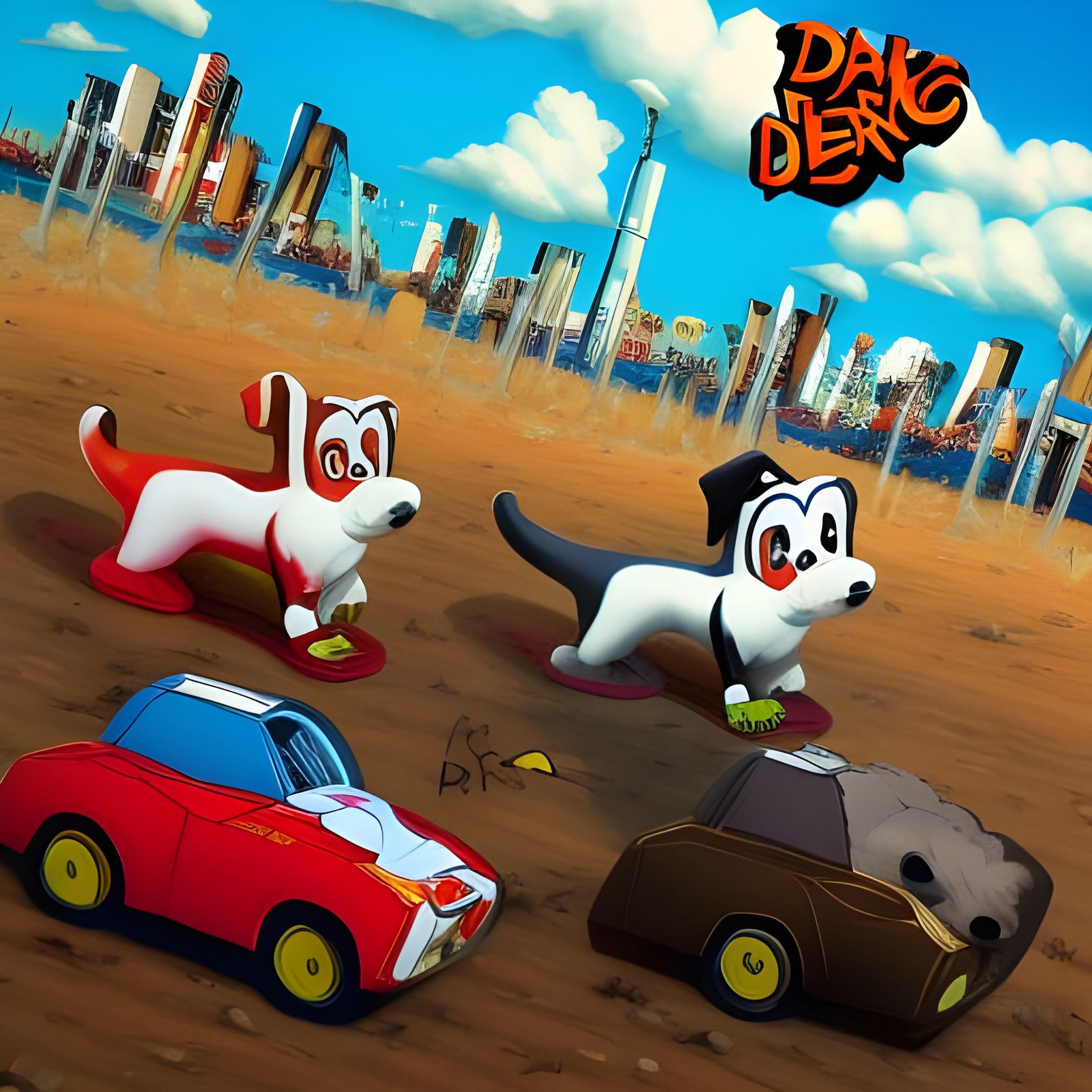 Cartoon Dogs Demolition Derby in Comic Book Art