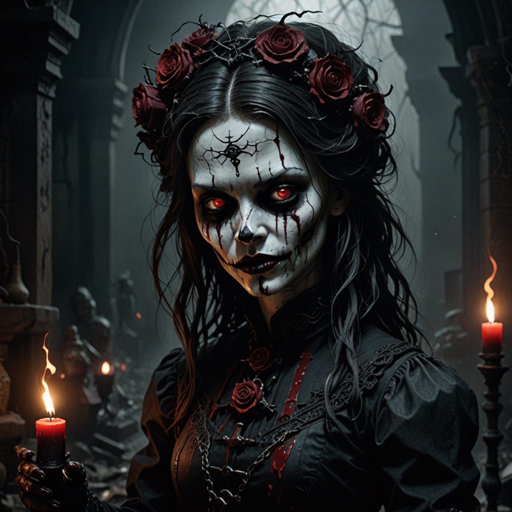 Gothic Fantasy Doll in Dark, Cracked Horror