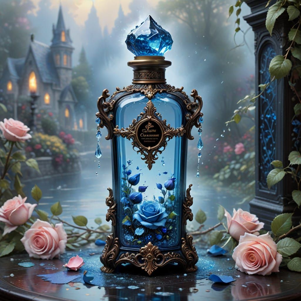 Gothic Perfume Bottle with Splashing Water and Rose Petals