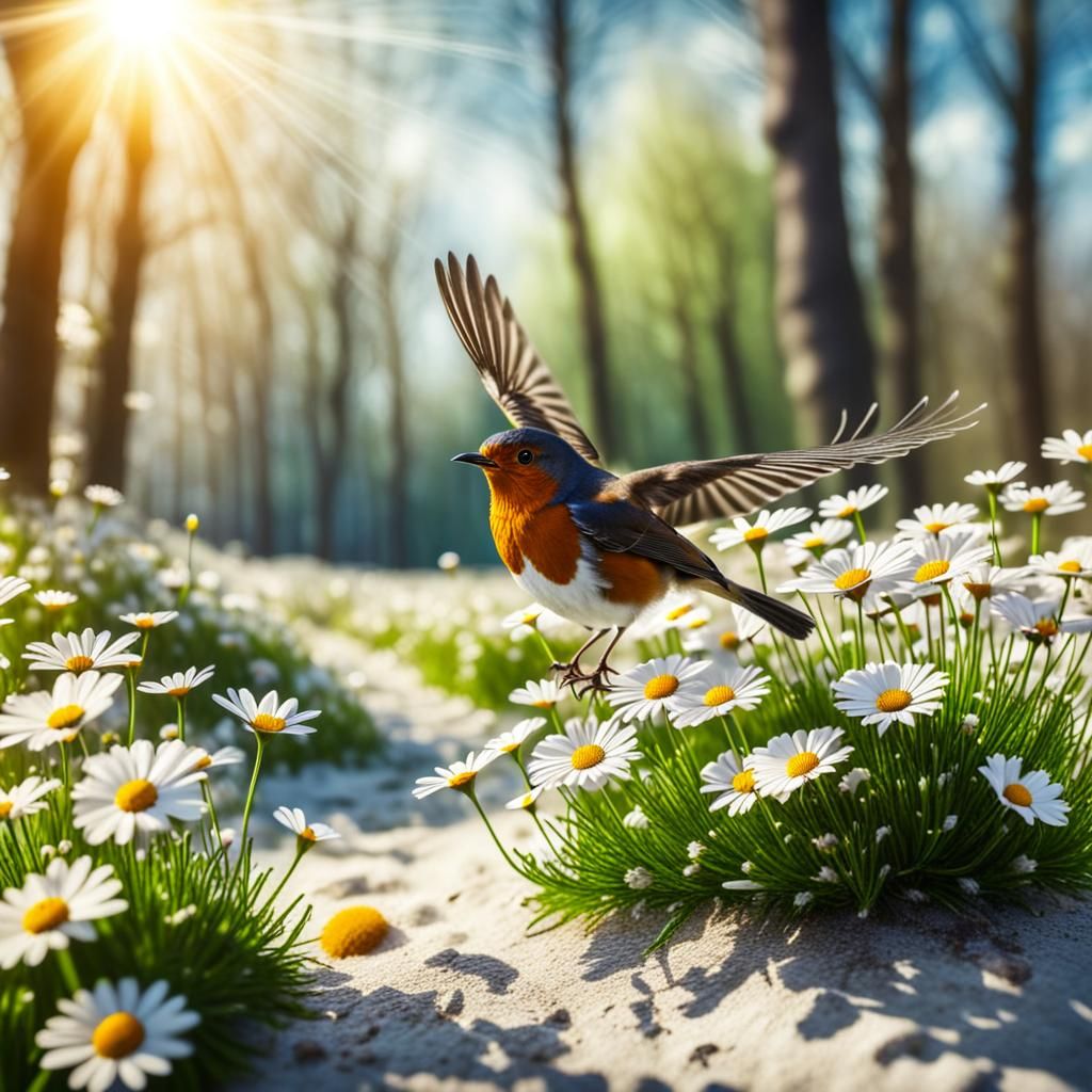 Robin Flying Over Daisies in Spring Sunlight