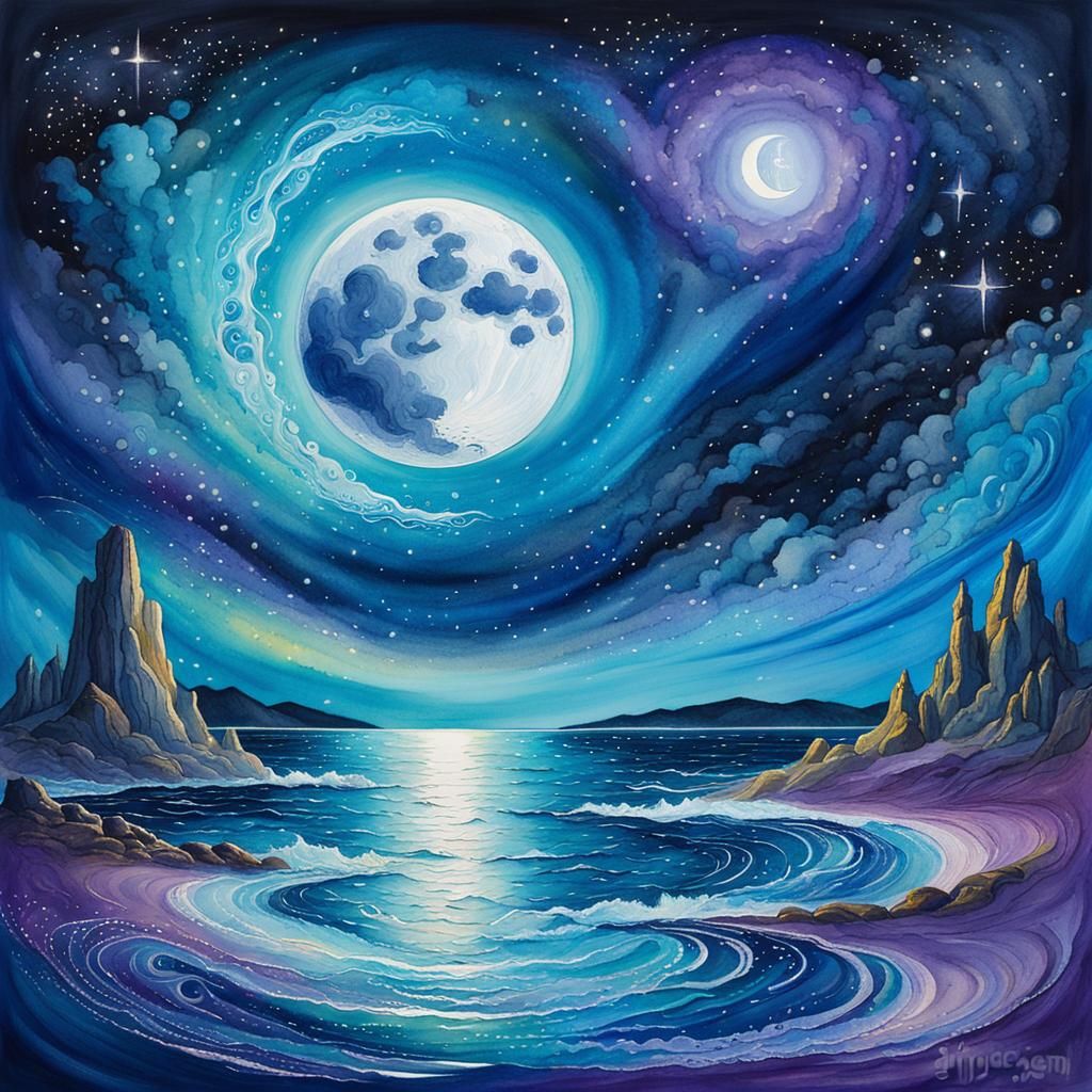 Celestial Ocean: Vibrant Moon and Swirling Stars