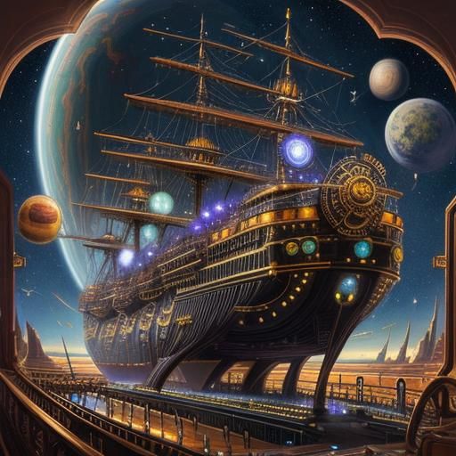 Steampunk Cruise Ship Soaring Through Galactic Worlds