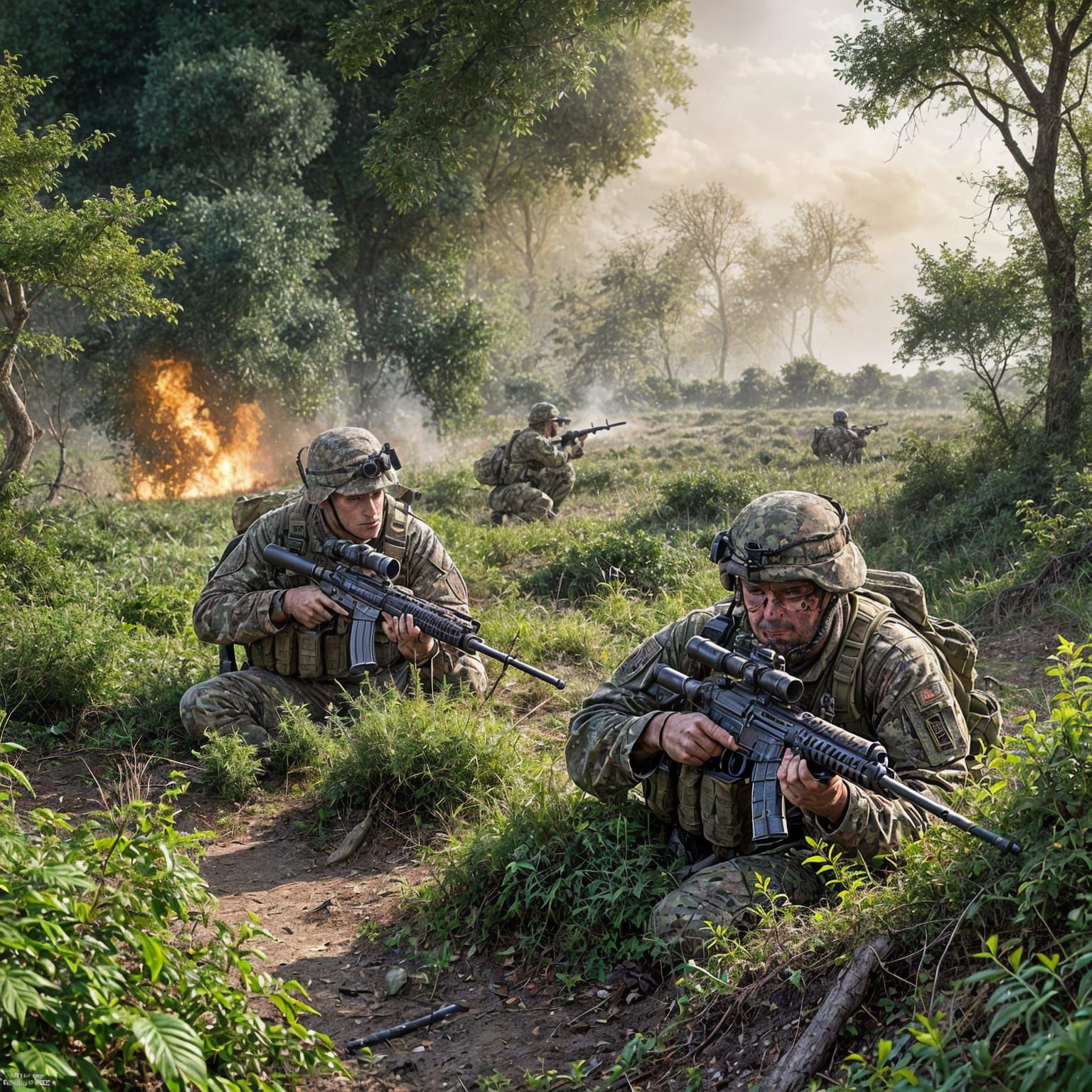 Camouflaged Snipers on Battlefield, Oil Painting